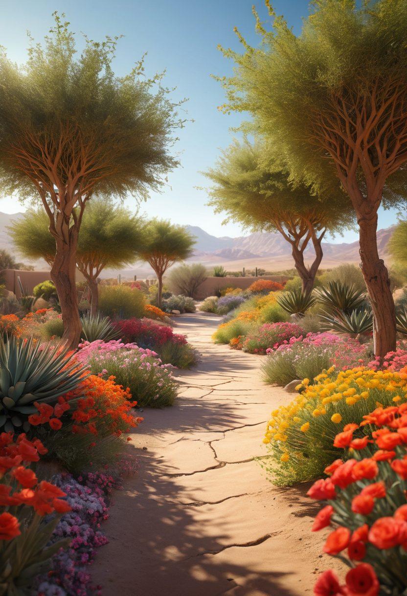 A serene landscape depicting a transformation from a barren desert to a lush, vibrant garden, with blooming flowers and fruits symbolizing abundance. In the foreground, a figure meditating peacefully, embodying bliss amidst the surrounding changes, while gentle, warm light filters through the scene. The contrast between the empty and bountiful spaces should evoke feelings of growth and hope. super-realistic. vibrant colors. 3D.