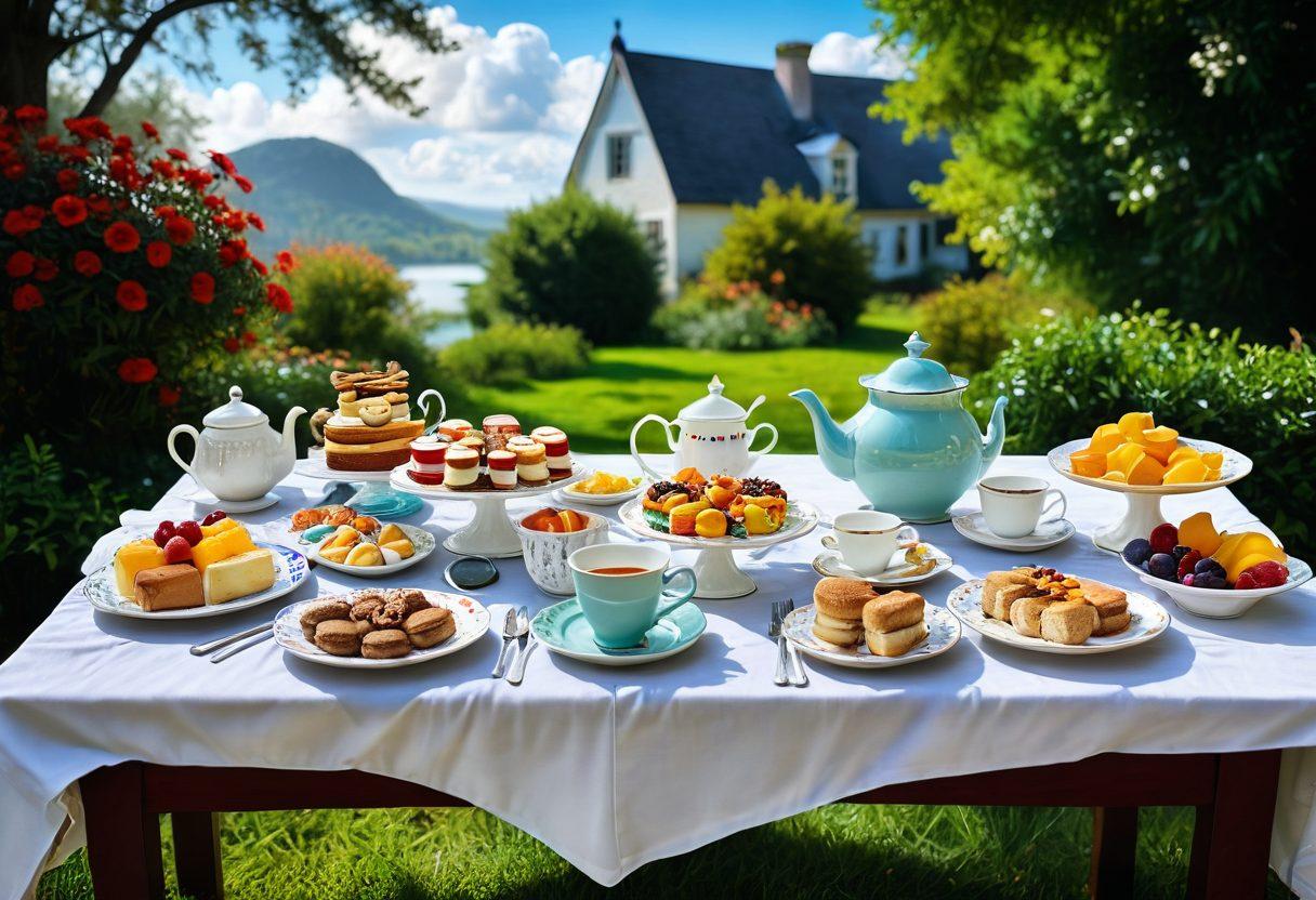A vibrant banquet table filled with colorful, delicious food representing joy and fulfillment, surrounded by whimsical characters sharing laughter and stories. A sunlit background with soft clouds and flowers, symbolizing warmth and happiness. Include elements like a steaming cup of tea and an open book, inviting reflection and joy. The overall scene should evoke a sense of togetherness and contentment. super-realistic. vibrant colors. pastoral setting.