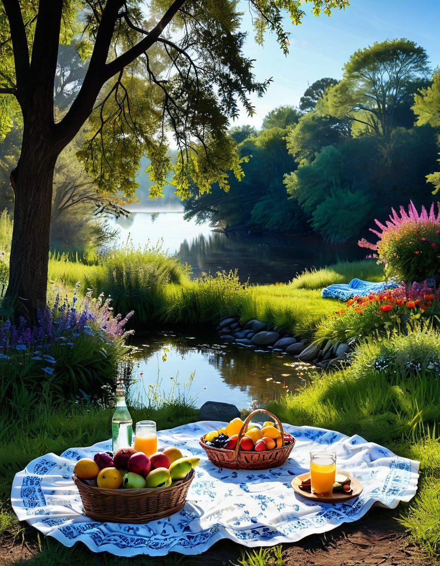 An ethereal scene of a serene landscape featuring a sunlit meadow filled with vibrant wildflowers, a small picnic setup with a basket overflowing with healthy, colorful fruits and refreshments. In the background, a gentle stream flows through lush greenery, while a soft, calming sky enhances the tranquility of the moment. Incorporate a silhouette of a person meditating, radiating warmth and peace. super-realistic. vibrant colors. 3D.